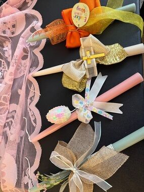 Easter candles Palm Sunday for all ages in Pink, Gold, Orange and Cream.
